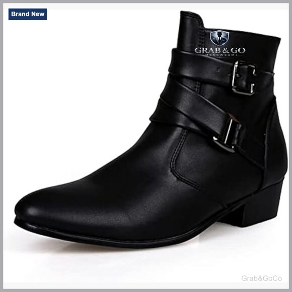 Men's Leather Chelsea Boots Pointed Toe Buckle Straps Side Zipper Chunky
